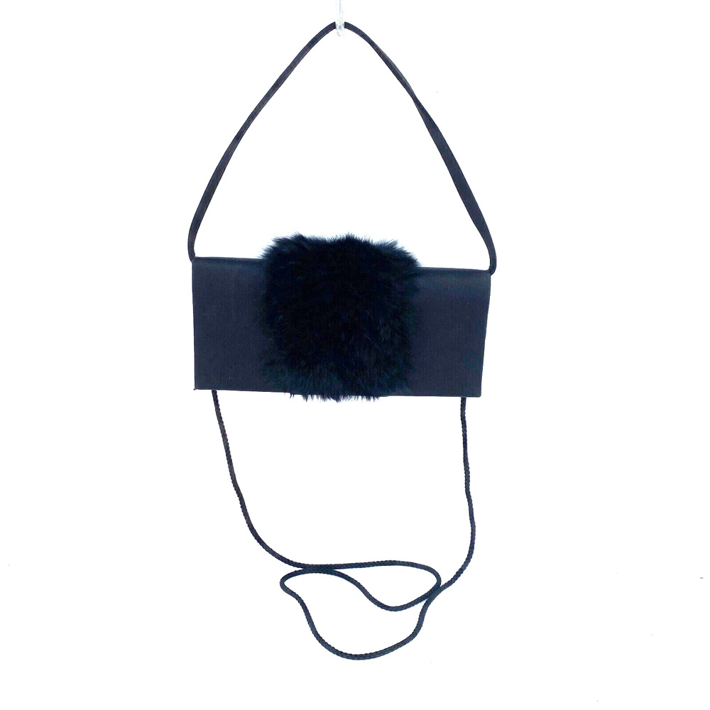 Kate Landry Crossbody Handbag Women Black Satin Furry Fuzzy Shoulder Bag